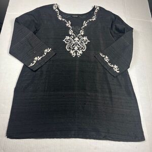 Saachi Silk Tunic Top Black 3/4 Sleeve Lightweight Boho Embroidered Shirt XL